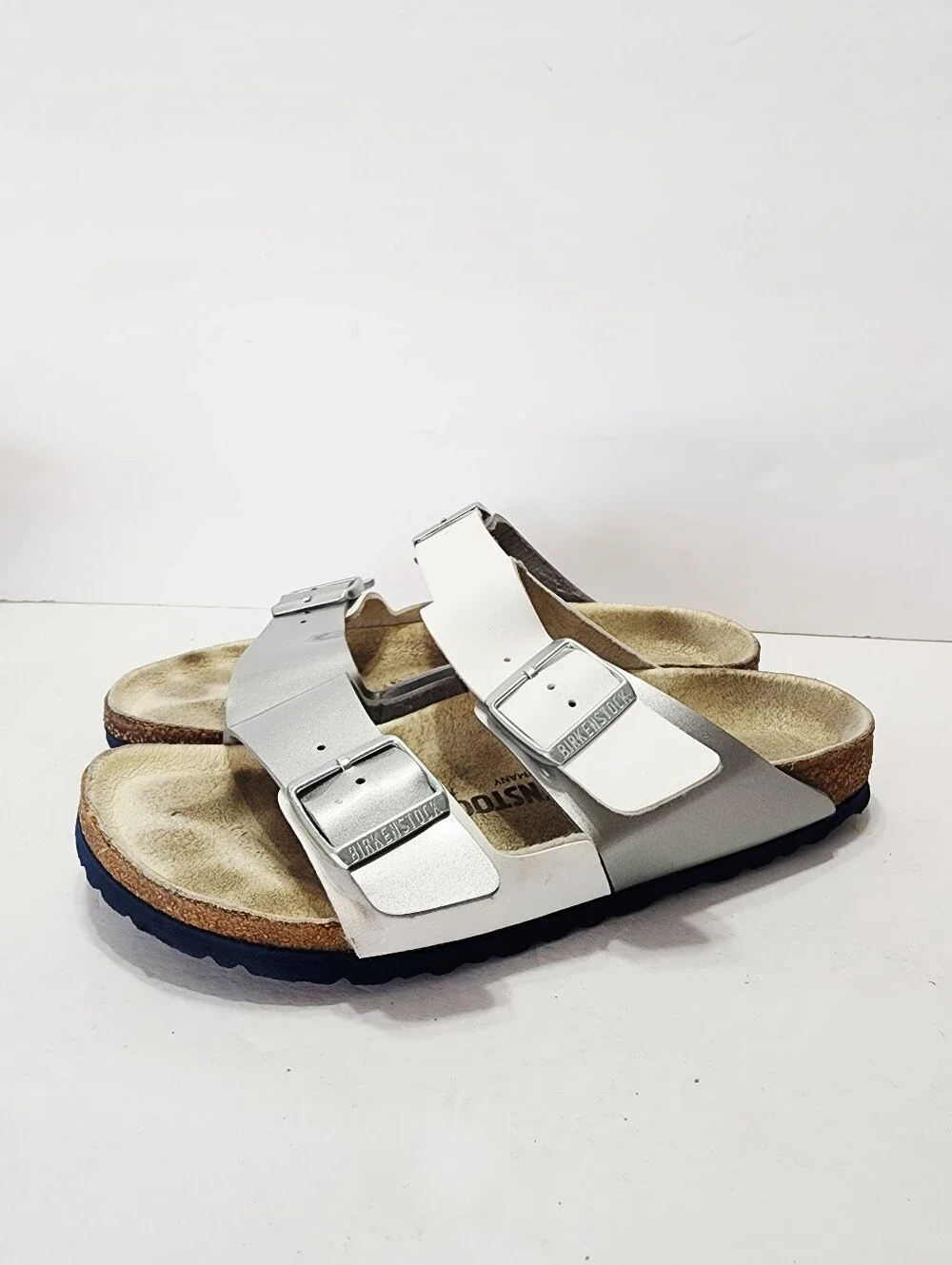 Birkenstock Arizona Two-Strap Sandal in Silver/White Size 39